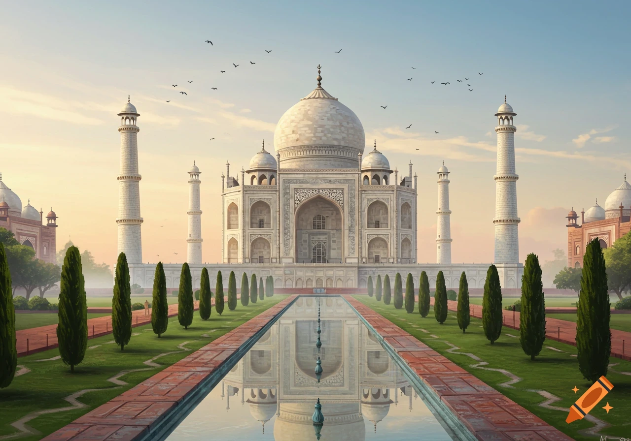 The iconic white marble Taj Mahal stands majestically at sunrise or sunset, reflected in a long pool surrounded by green lawns and tall, manicured trees.