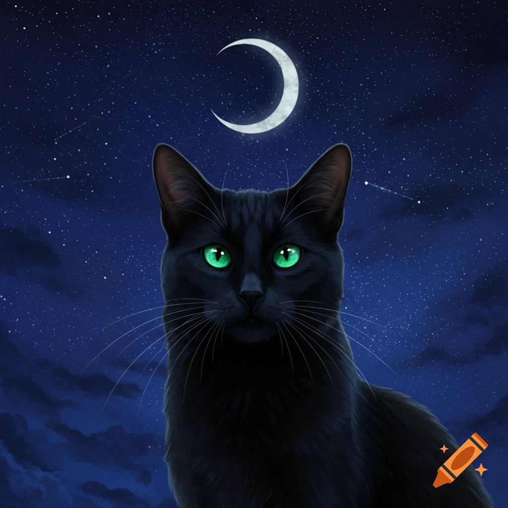 A stylized black cat with glowing green eyes looks directly at the viewer under a starry night sky with a crescent moon.