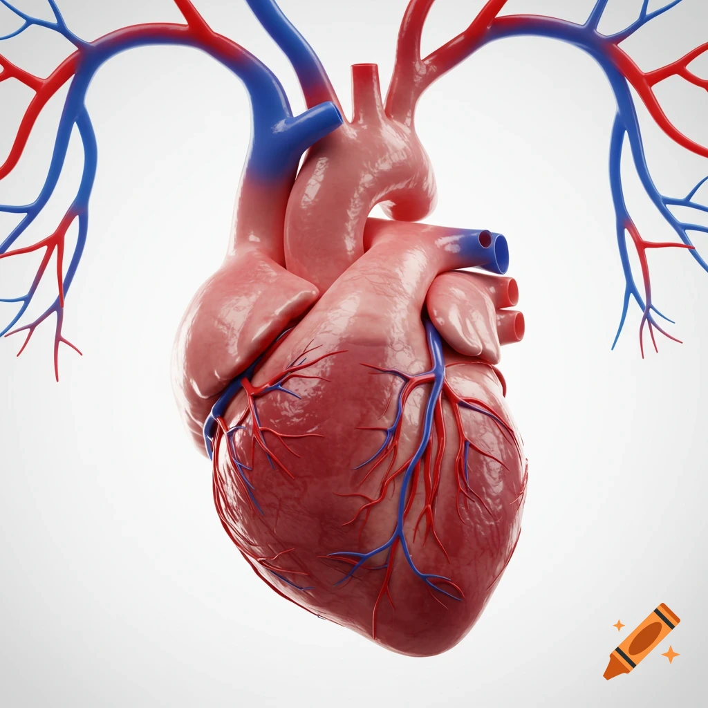 A realistic 3D rendering of a human heart with vibrant red arteries and blue veins, set against a pure white background.