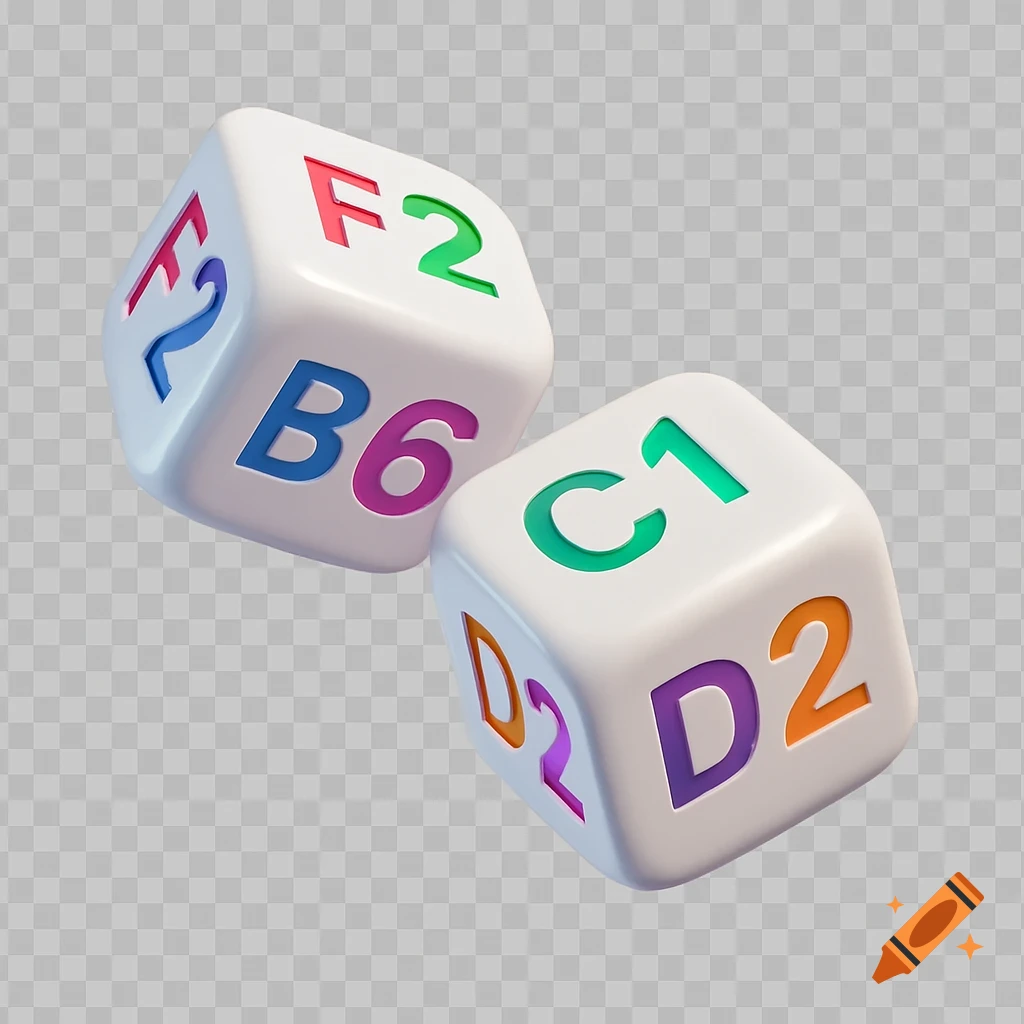 Two white 3D dice, one showing F2 and B6 in colorful text, and the other showing C1 and D2 in colorful text, on a transparent background.