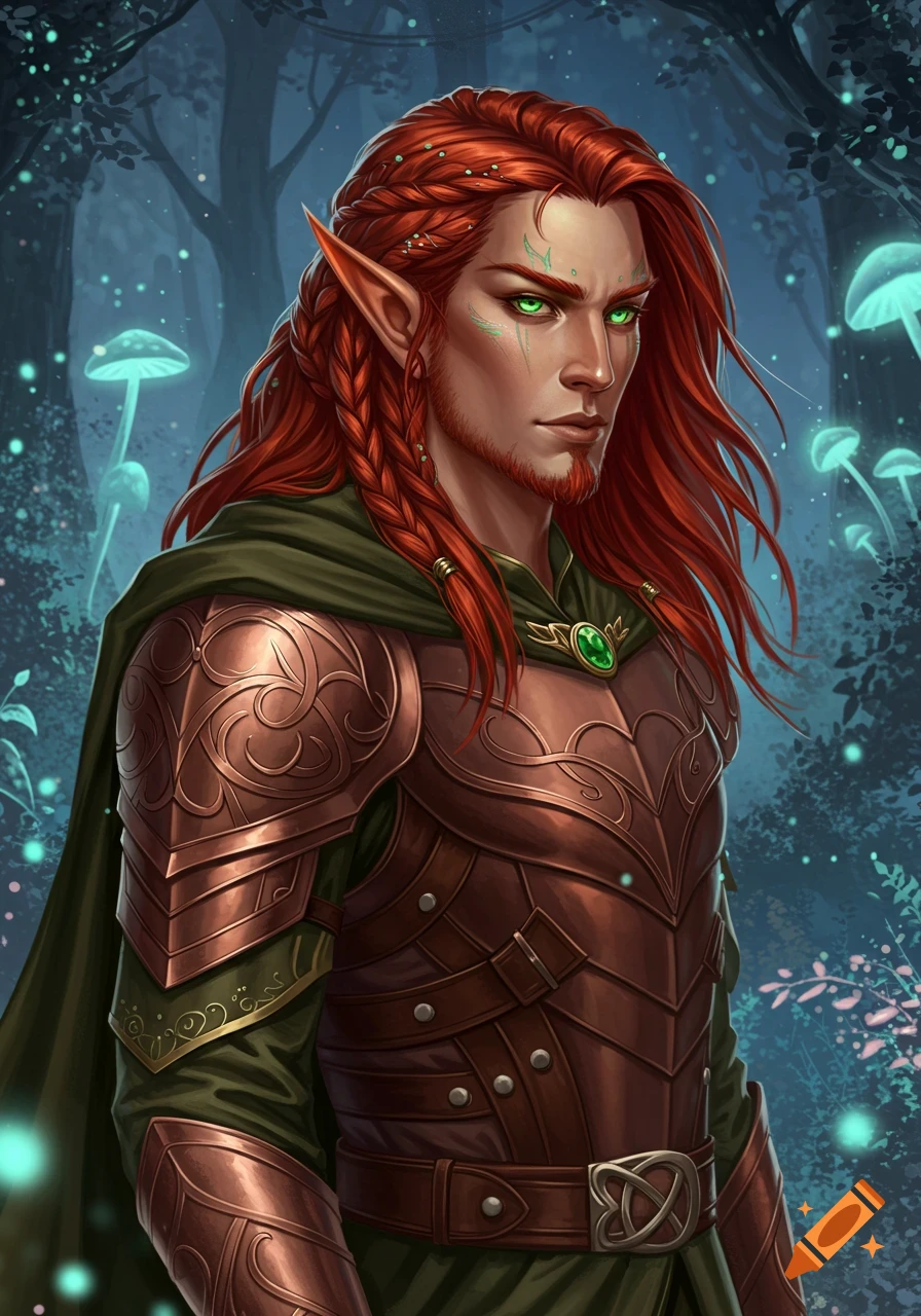 A male elf with long red hair, a short beard, and glowing green eyes wears intricate bronze armor and a green cloak, in a magical forest.