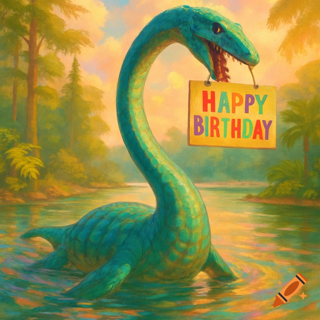 A large, teal Elasmosaurus, painted in a vibrant style, rises from a lake holding a yellow 'HAPPY BIRTHDAY' sign in its mouth, surrounded by a lush landscape.