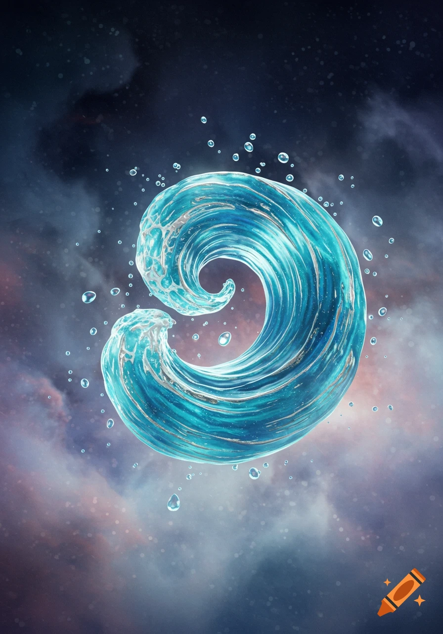 A glowing blue wave swirls into a spiral, surrounded by water droplets against a dark, nebulous cosmic background.