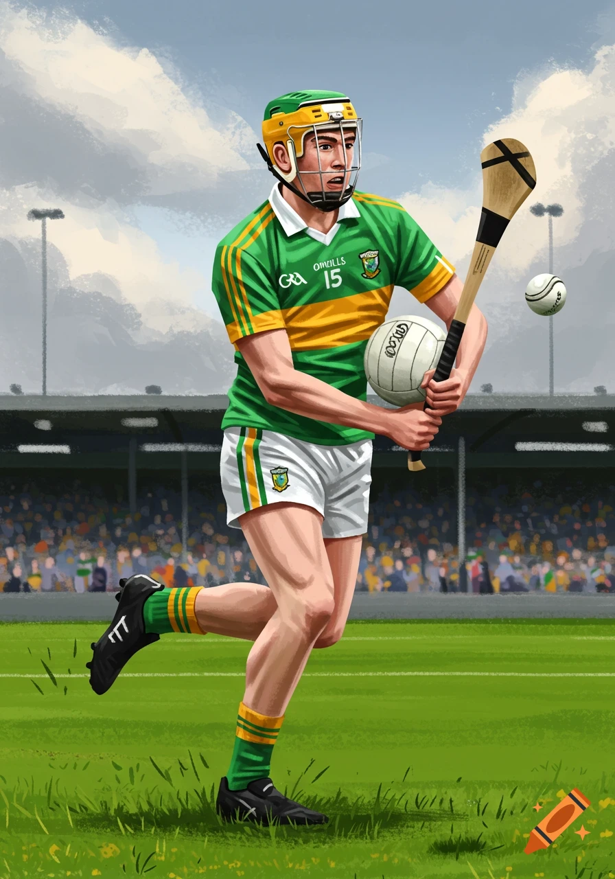 A male hurler in a green and yellow jersey and helmet runs on a grassy field in a stadium with a hurley stick and ball.