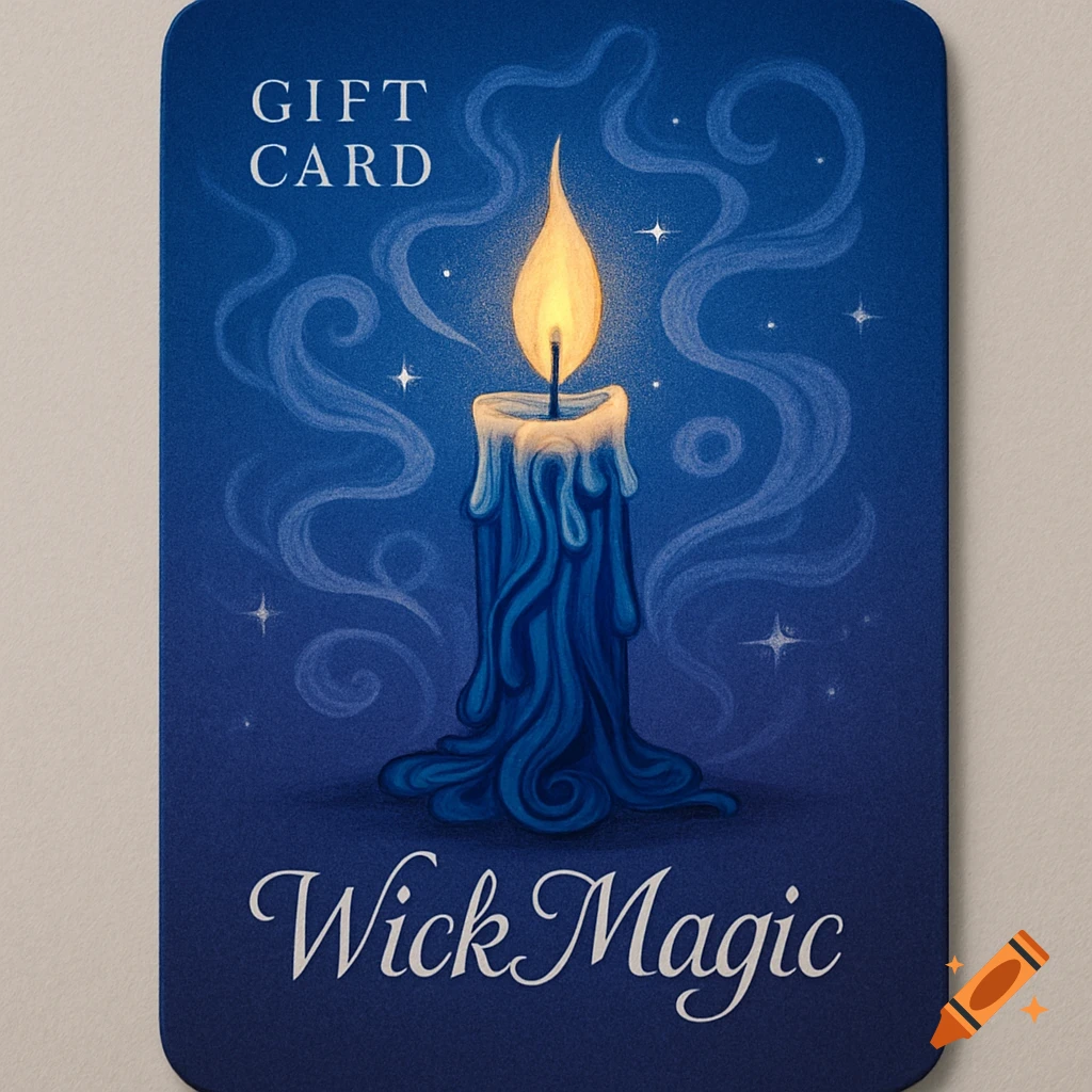 An artistic blue gift card featuring a lit candle with melting wax, surrounded by smoke and stars. The card reads 'GIFT CARD' and 'Wick Magic'.