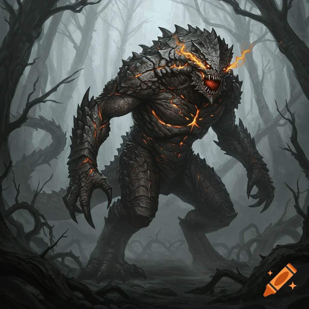 A large, dark, rocky monster with glowing orange cracks and fiery eyes stands in a foggy, barren forest.