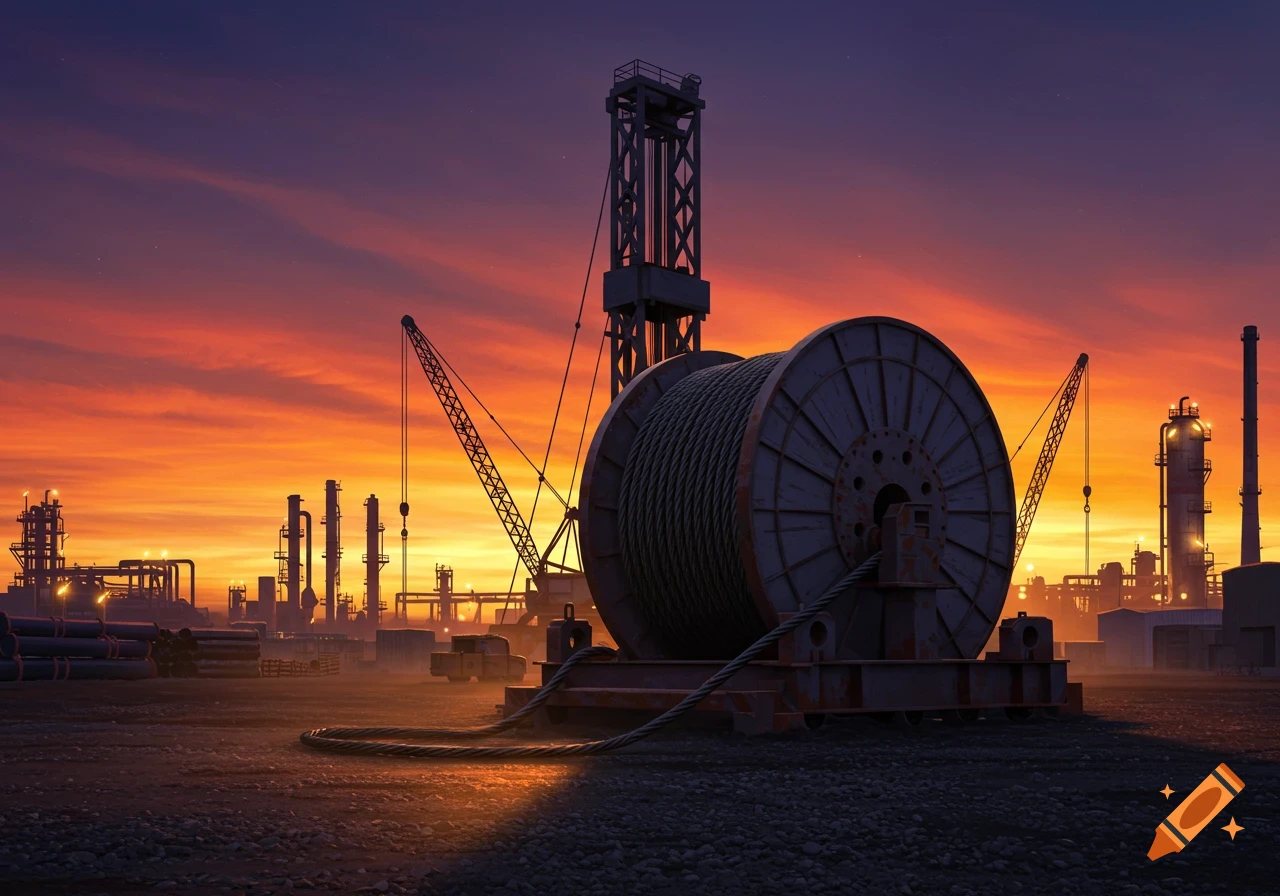 A large cable spool in the foreground of an industrial oil and gas refinery at sunset, with a vibrant orange and purple sky.