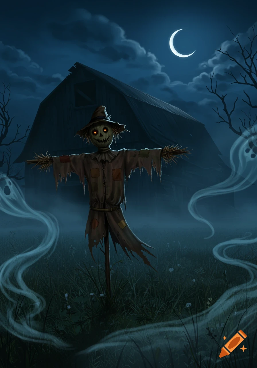 A spooky scarecrow with glowing red eyes stands in a field with ghostly wisps, in front of a barn under a crescent moon at night.