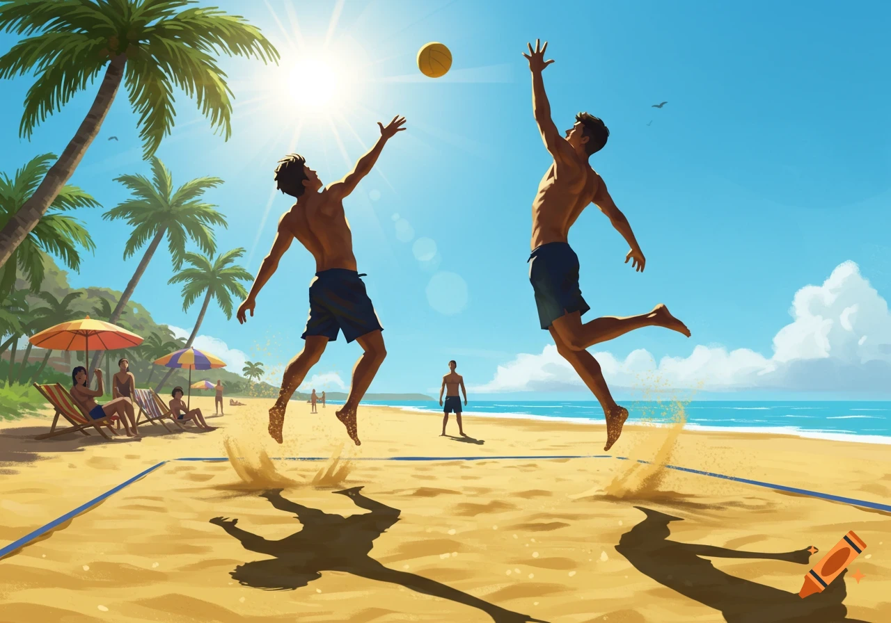 Two men leap to hit a volleyball on a sunny beach, with palm trees and ocean in an illustrative style.
