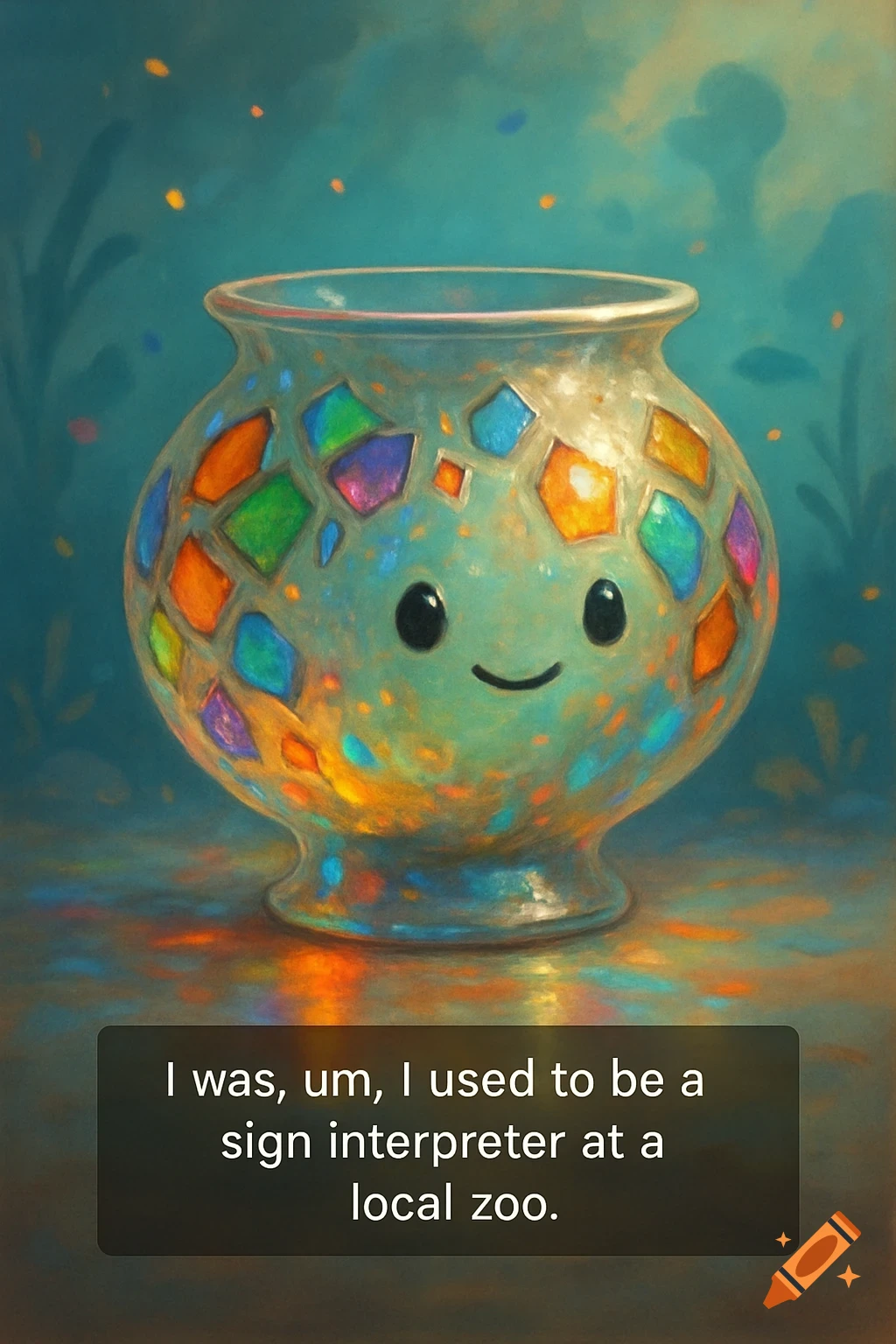 A whimsical, glowing glass vase character with colorful stained glass patches and a happy face stands on a reflective surface, with text below it.