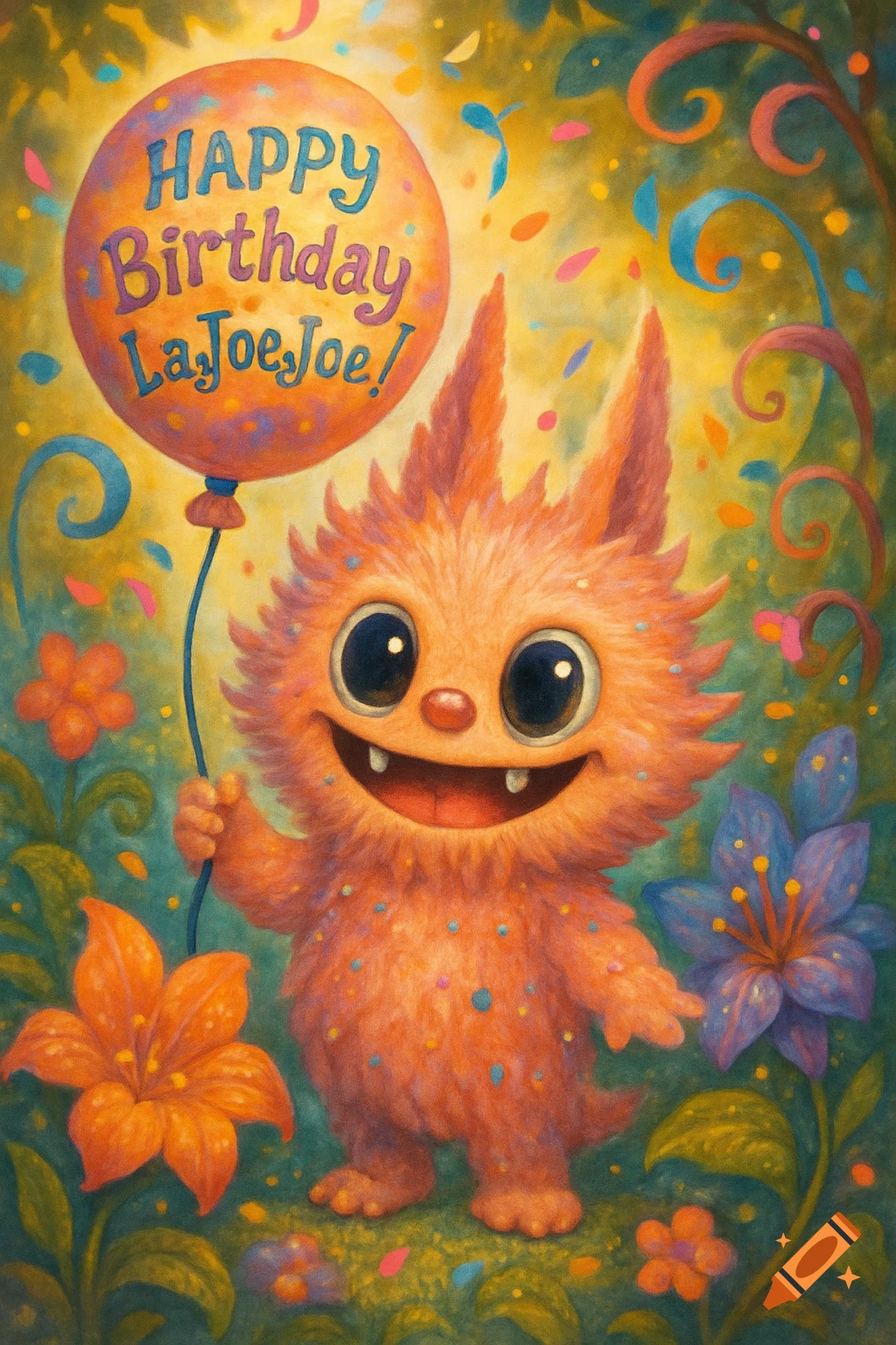 A cute orange furry monster holds a 'Happy Birthday LaJoeJoe!' balloon, surrounded by colorful flowers and confetti.