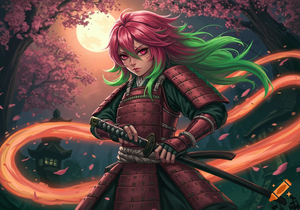 Anime-style warrior girl with pink and green hair holding a katana under a cherry blossom tree and full moon with glowing red energy.
