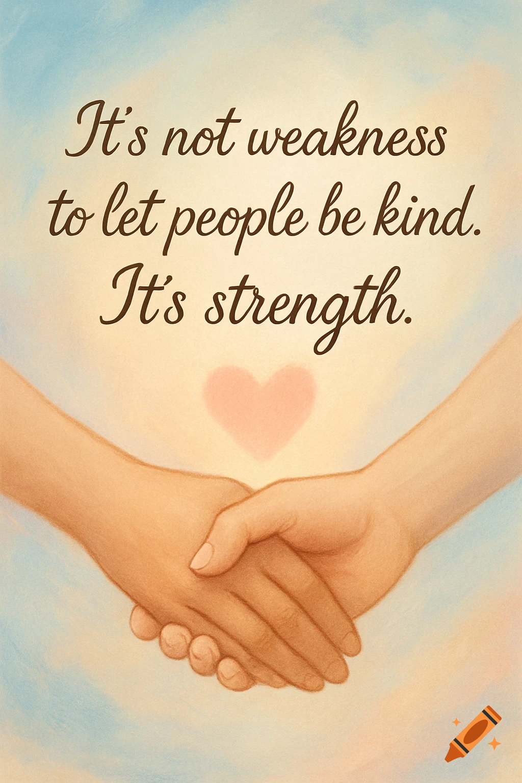 Two hands holding, with a glowing heart and an inspirational quote: "It's not weakness to let people be kind. It's strength."