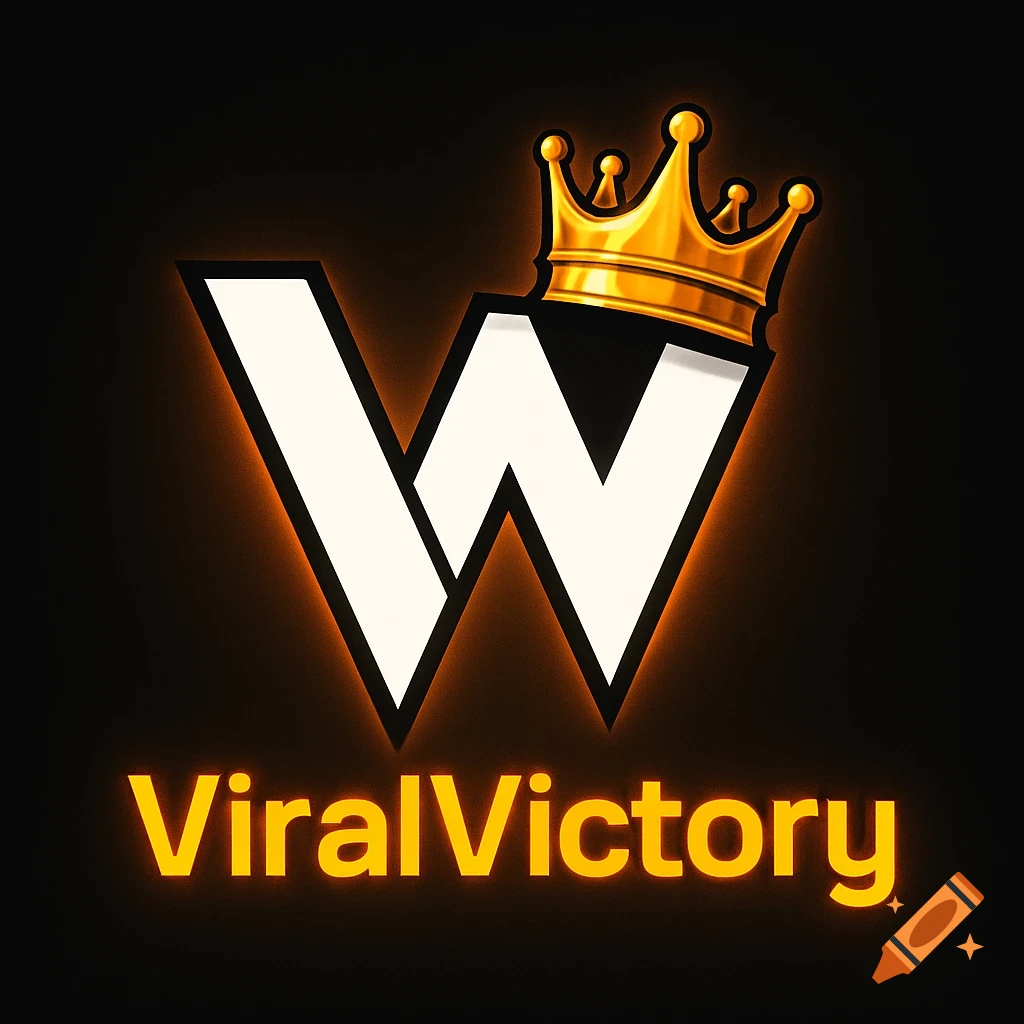 A black logo with a white 'W' outlined in orange neon, a golden crown on top, and 'ViralVictory' text below.