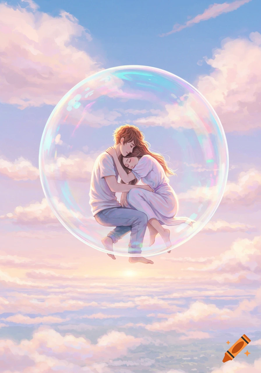 Cartoon illustration of a couple embracing inside a giant bubble, floating above pastel clouds in a soft blue sky.