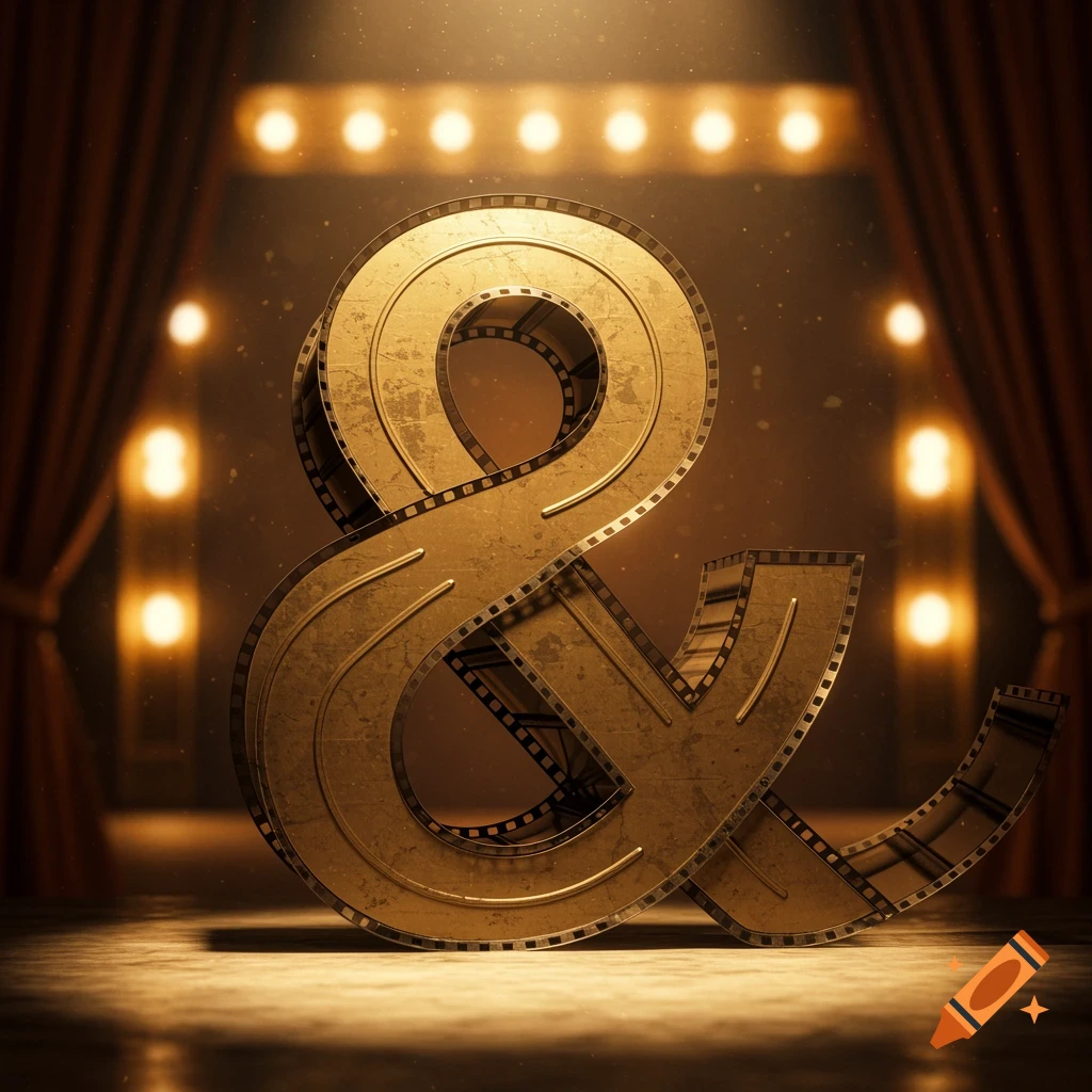 Golden ampersand symbol made of film reels on a spotlighted stage.