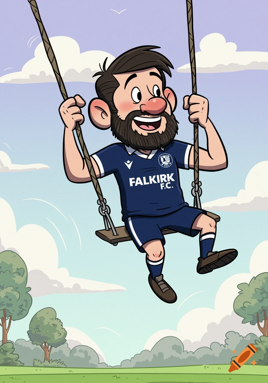 A cartoon man with a beard and dark hair, wearing a blue Falkirk F.C. football shirt, happily swings high on a wooden swing in a park.