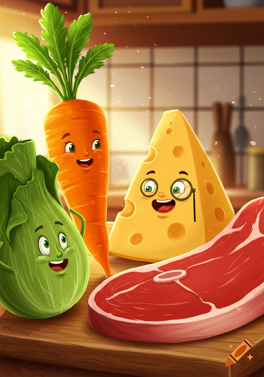 Cute cartoon characters of a carrot, lettuce, cheese, and steak on a cutting board in a sunlit kitchen.