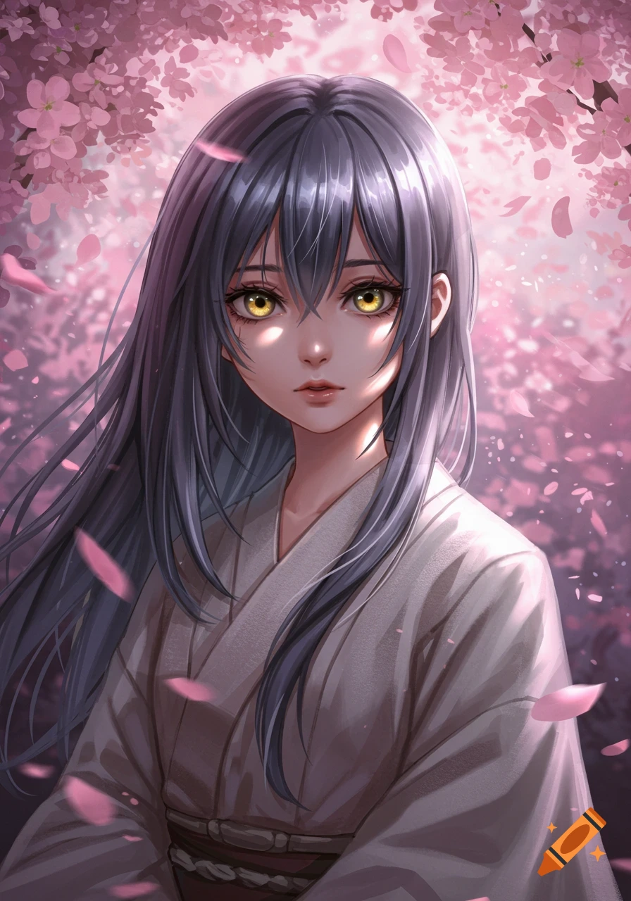 Anime girl with dark silver hair and yellow eyes in a white kimono, surrounded by falling pink cherry blossoms.