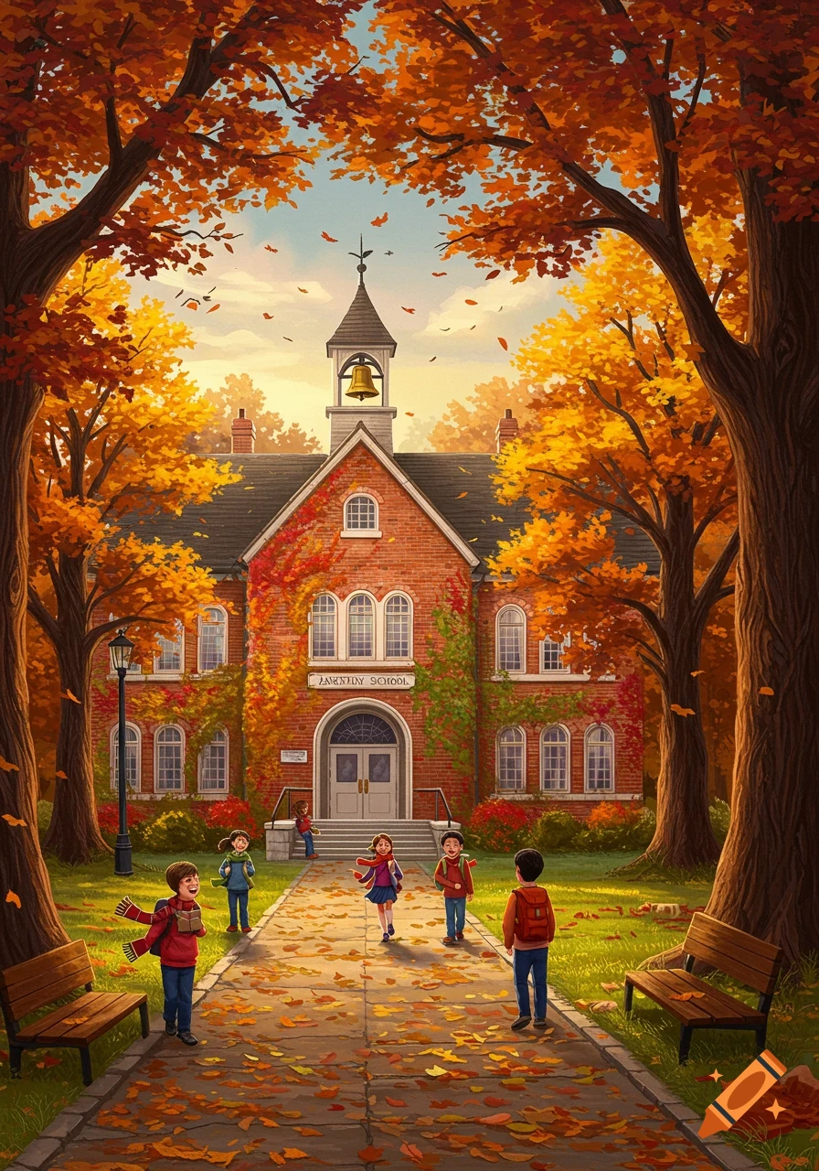 A vibrant illustration of children walking towards a brick school building covered in ivy, surrounded by trees with bright orange autumn leaves falling.