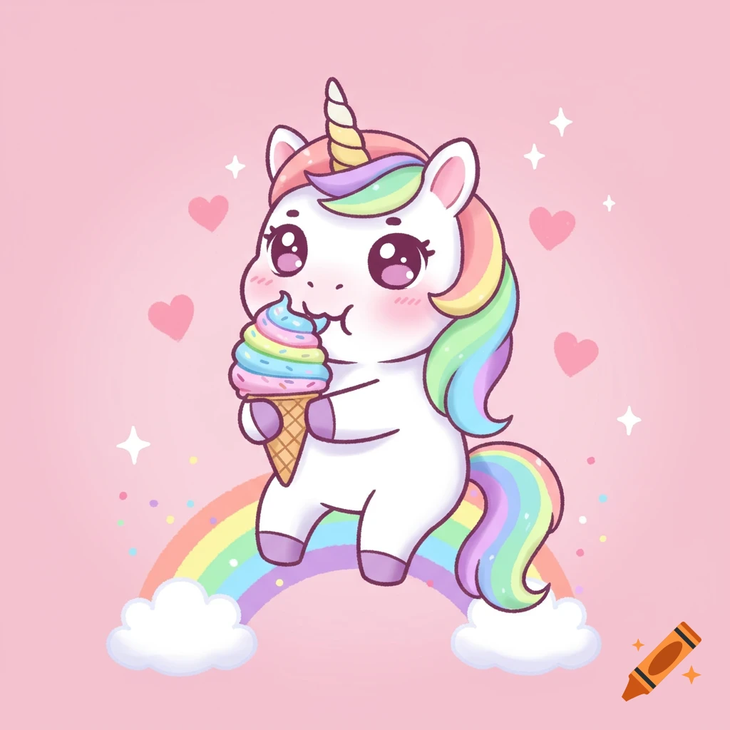 A cute cartoon unicorn with a rainbow mane sits on a rainbow arc, happily eating a swirled ice cream cone, with sprinkles and hearts in the background.