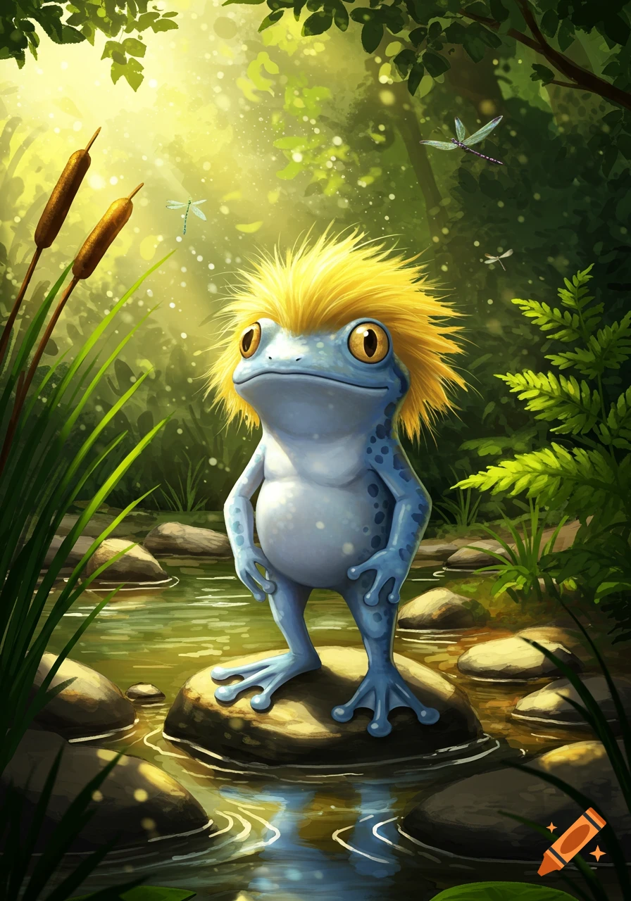 A whimsical blue frog with spiky yellow hair stands on a rock in a sunlit stream, surrounded by green plants and dragonflies.