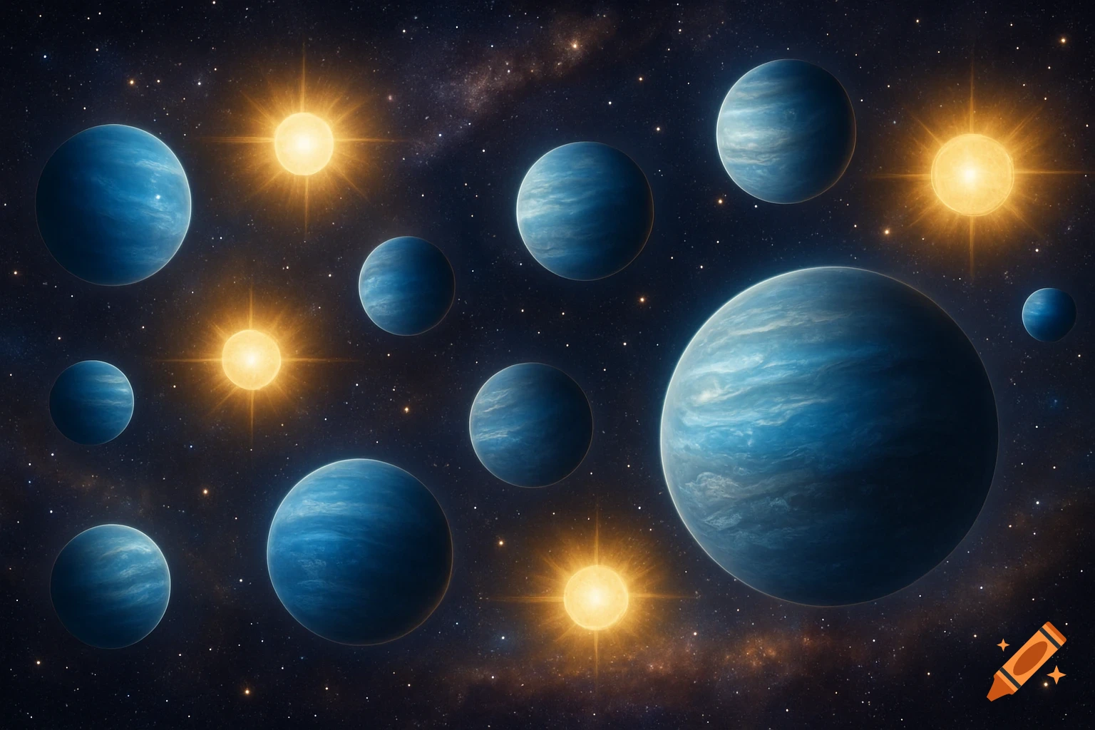Blue gas giant planets and bright yellow stars float in a dark, starry cosmic background.