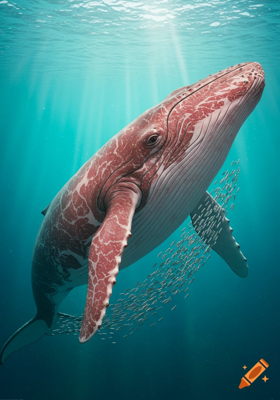 A painterly illustration of a humpback whale with red, marbled, beef-like skin, swimming underwater with a school of small fish.