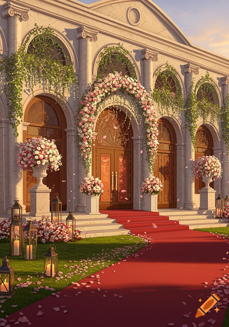 A grand wedding hall entrance adorned with pink and white flowers, lush green vines, a red carpet, and glowing lanterns at sunset.