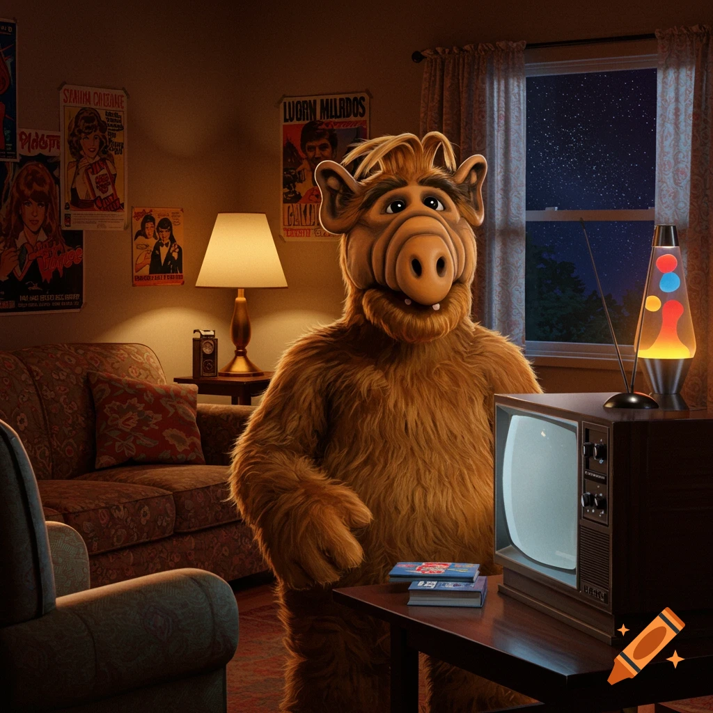 A photorealistic image of ALF standing in a dimly lit living room with a TV, lava lamp, and posters on the wall.