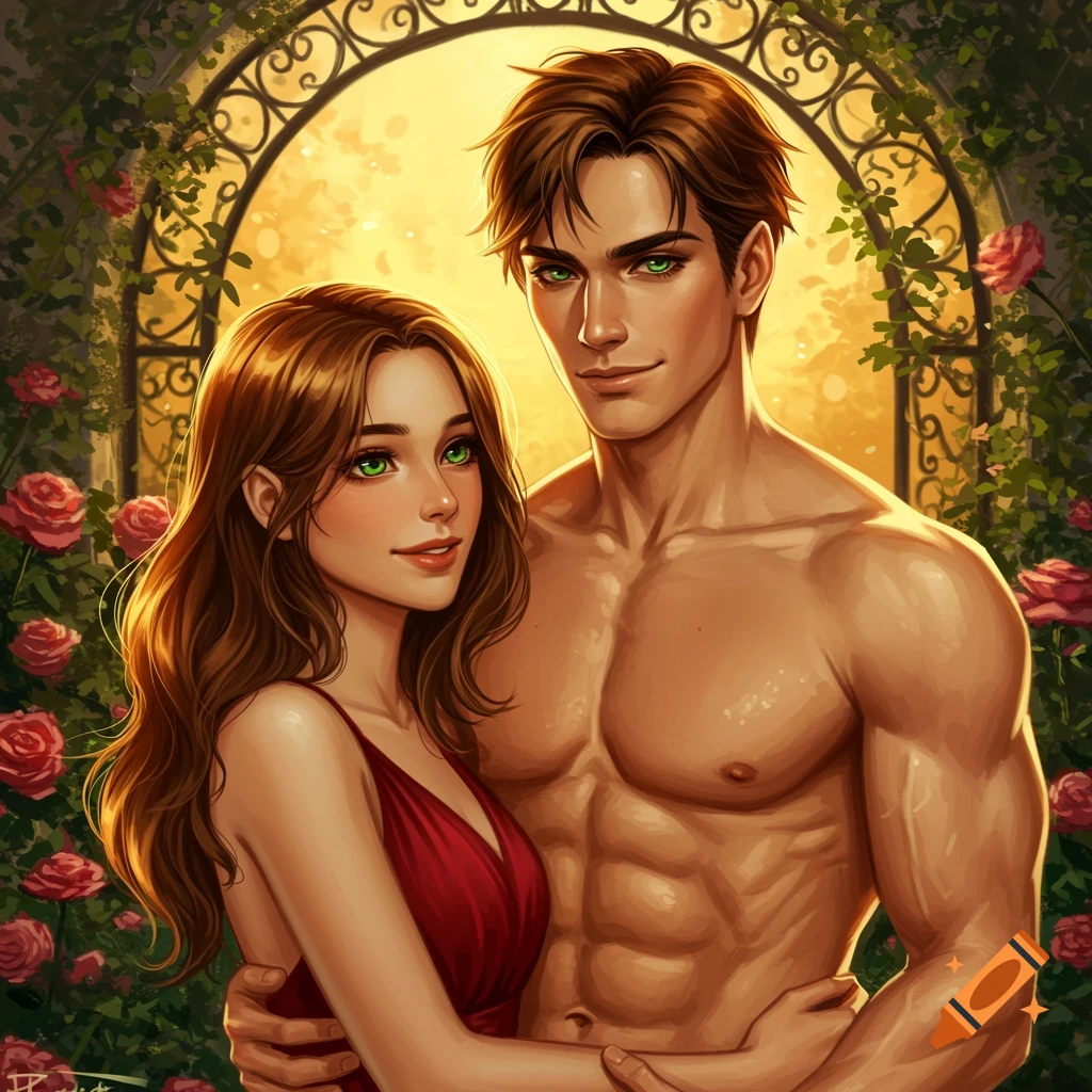 A handsome man and a beautiful woman with green eyes embracing in a rose garden at sunset, in a digital art style.