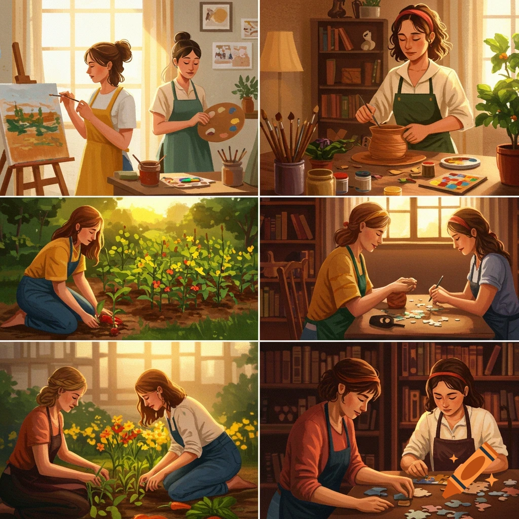 A grid of six illustrations showing women engaged in various hobbies: painting, pottery, gardening, and assembling puzzles.
