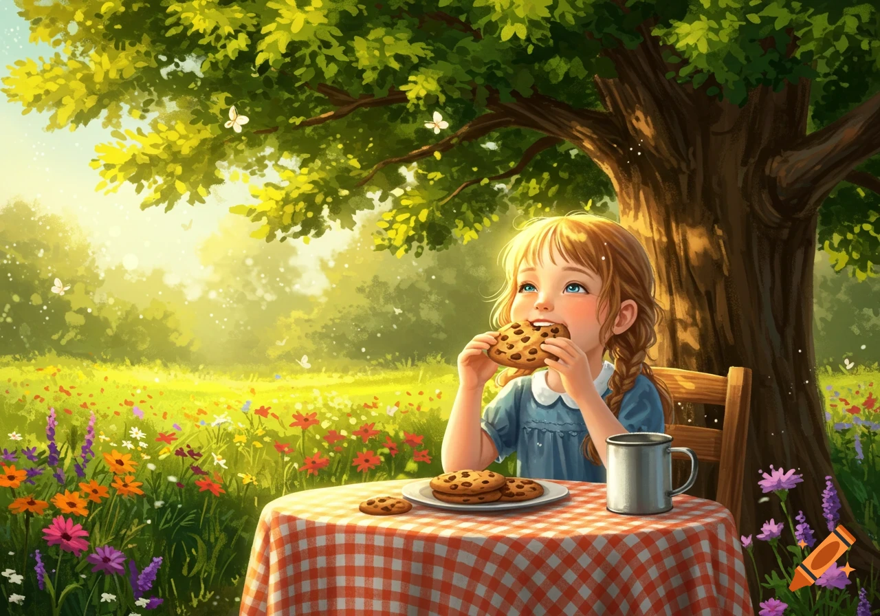 A young girl with pigtails eats a cookie at a red-checked table under a large tree in a vibrant, sunlit field of wildflowers, digital painting.