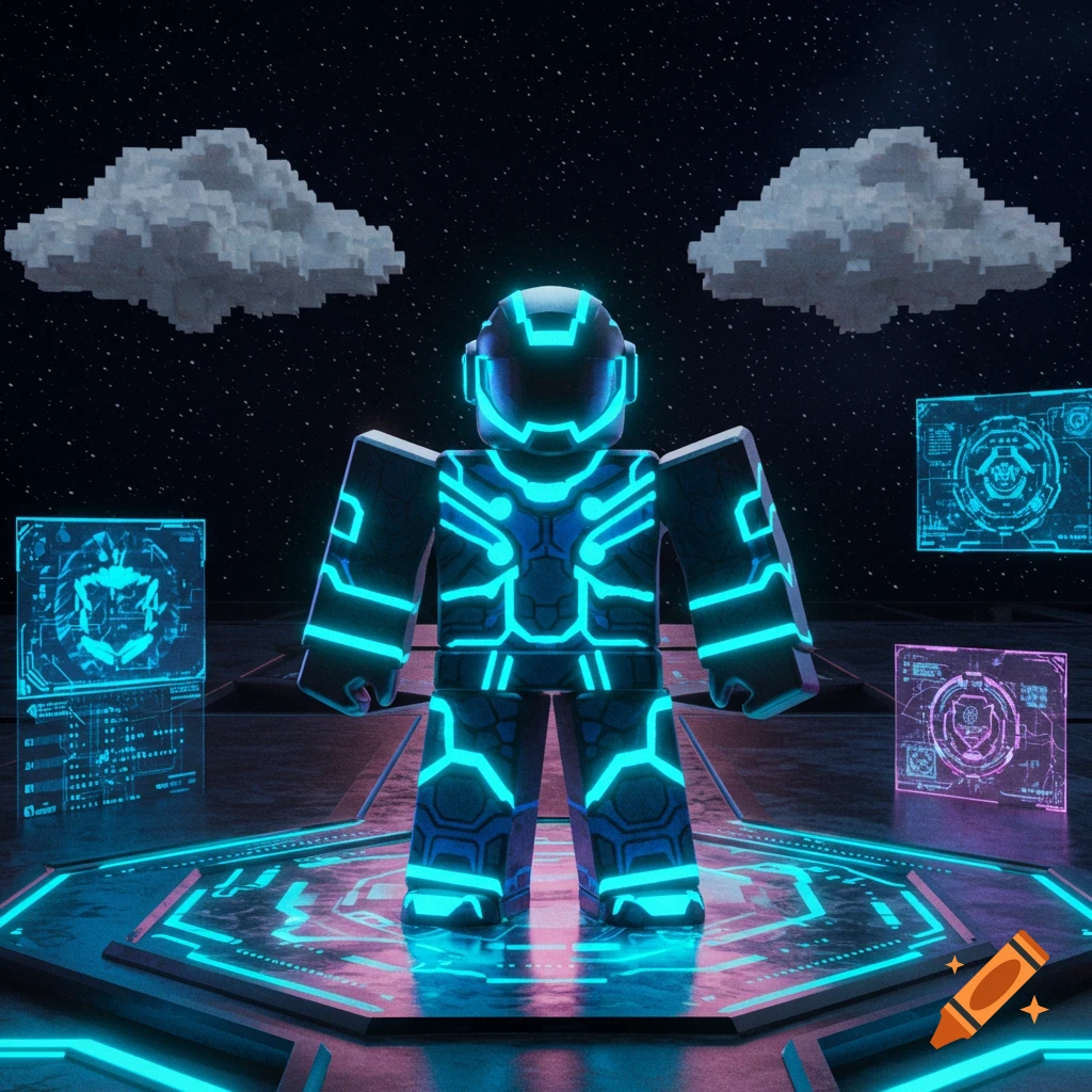 Roblox character in glowing blue neon armor on a futuristic platform under a starry sky with pixelated clouds.