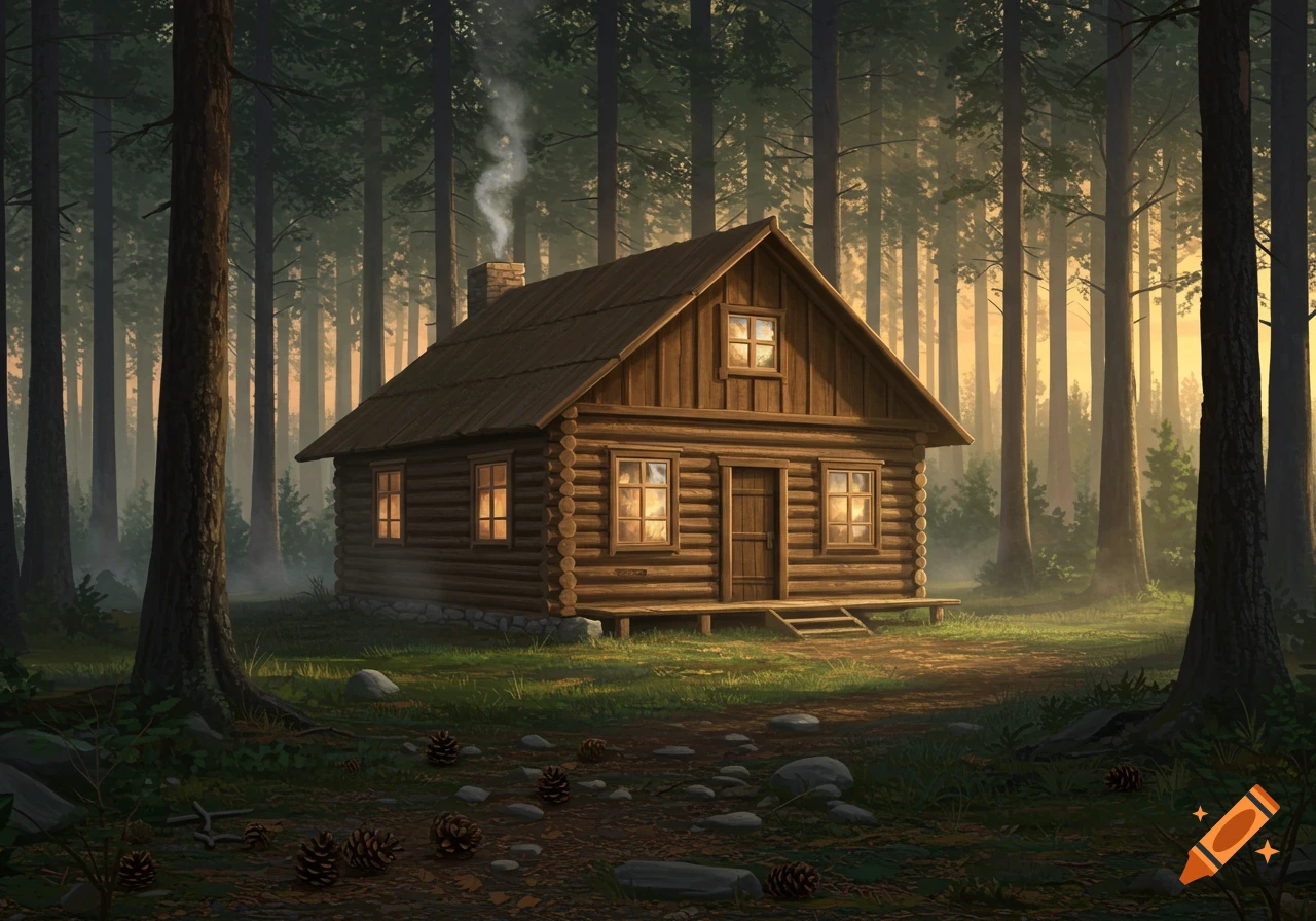A rustic wooden cabin with lit windows and a smoking chimney stands in a dense, sun-dappled forest.