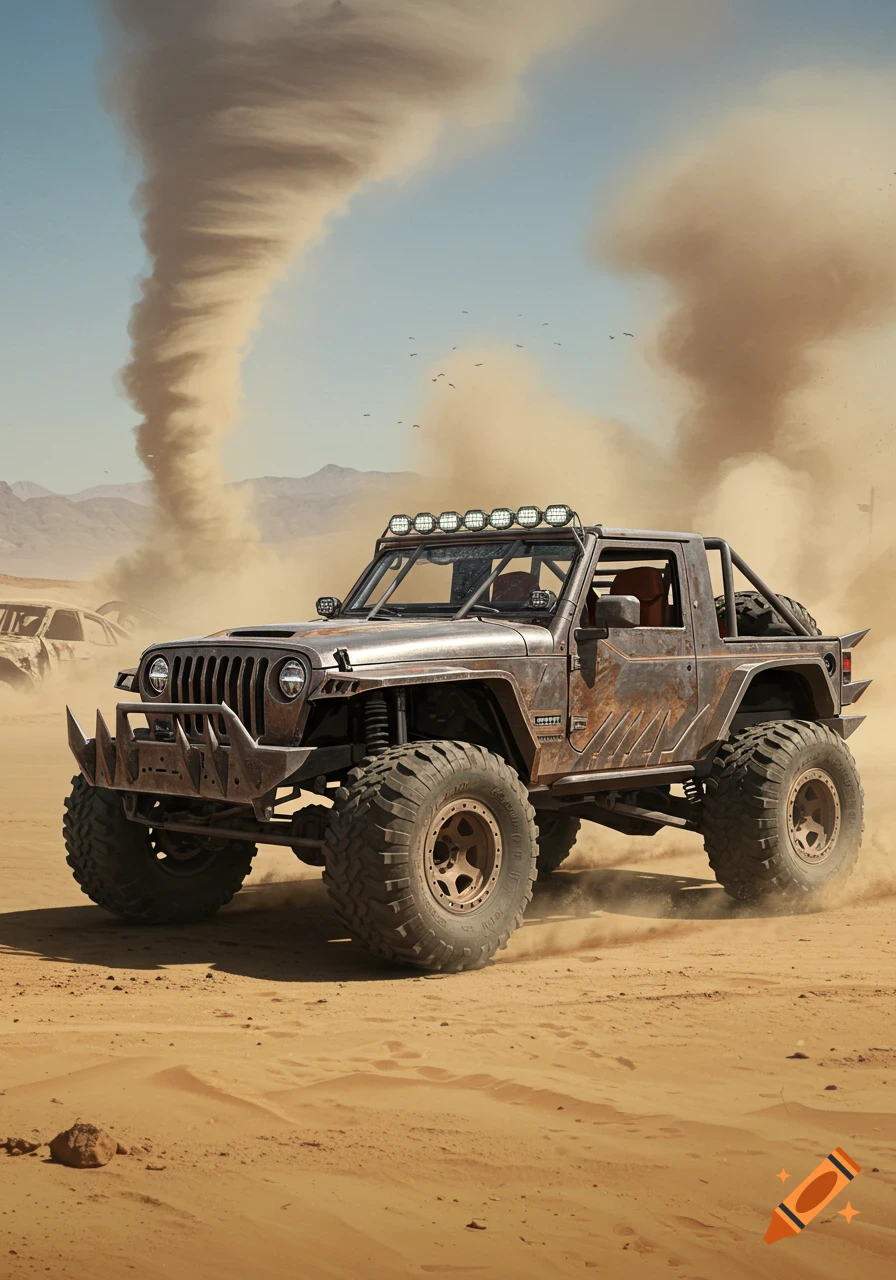 A rusty, heavily modified Jeep with large tires drives through a dusty desert, kicked up dust behind it, with a large tornado in the background.