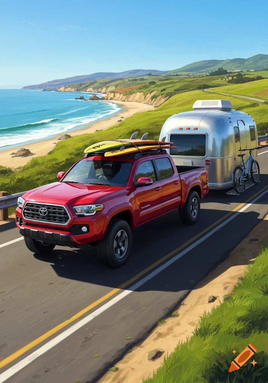 A red pickup truck with surfboards on top, towing a silver Airstream trailer with a bicycle attached, drives along a coastal highway.