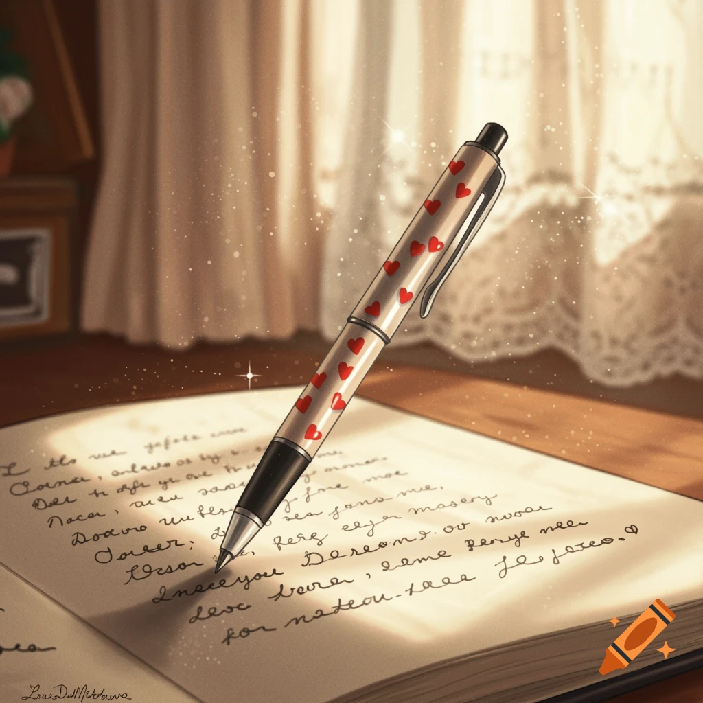 A pen decorated with red hearts writes on an open book, sparkling in warm light.