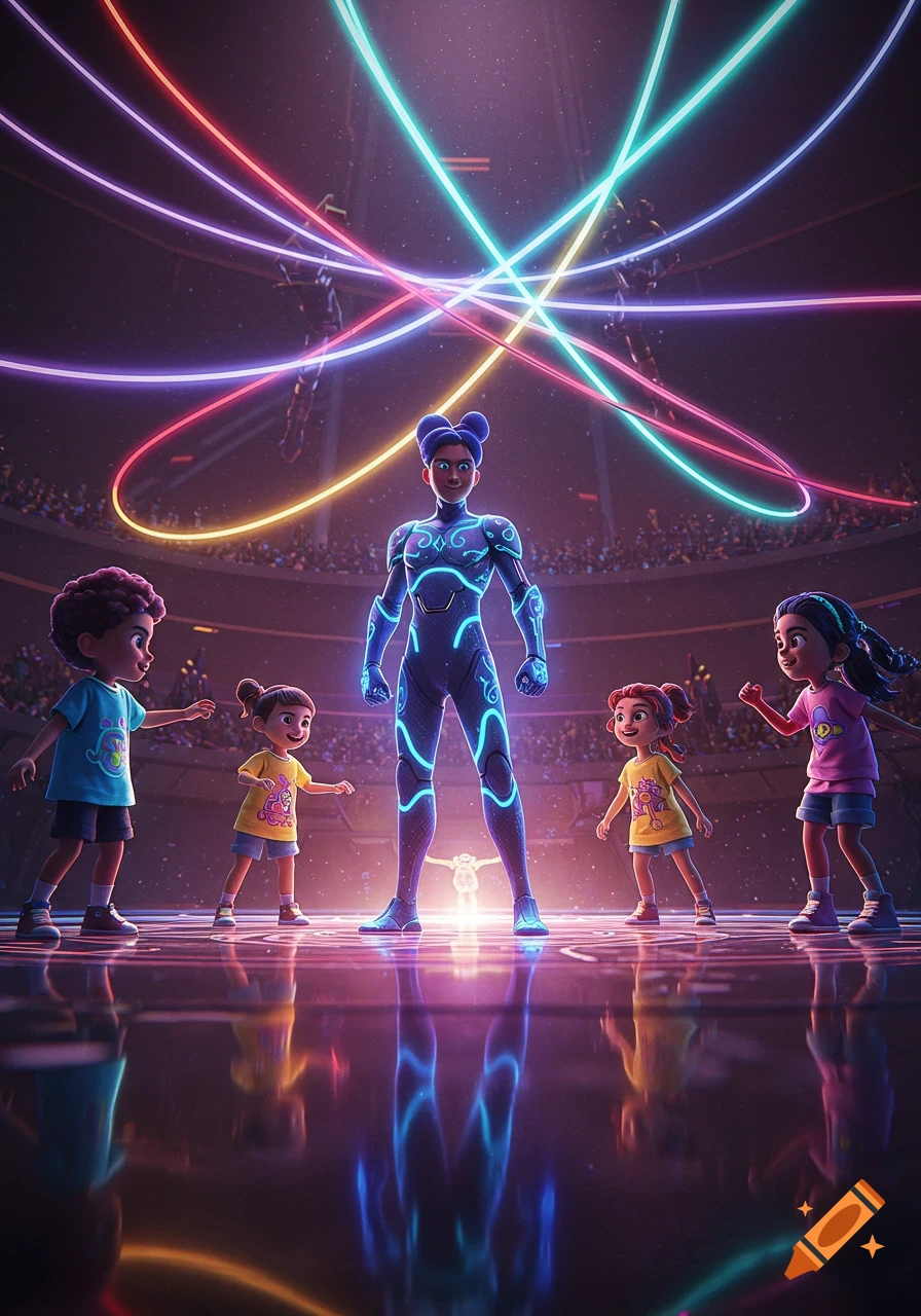 A cartoon superhero-like figure with glowing blue lines stands in a stadium with children and colorful neon light beams.