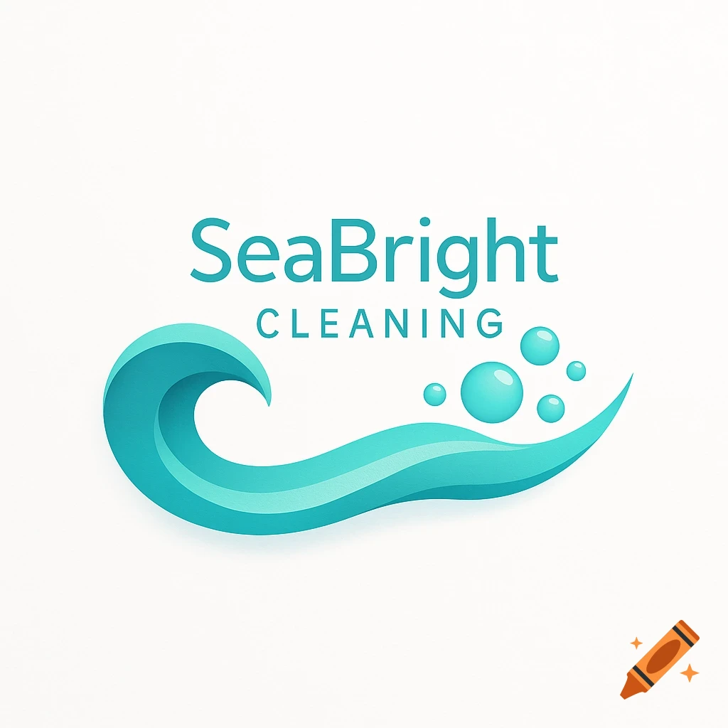 A teal logo for SeaBright Cleaning, featuring a stylized wave and bubbles.