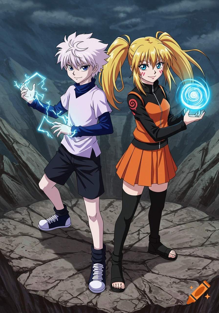 Killua from Hunter x Hunter and Naruko from Naruto stand on a rocky cliff in classic anime style, wielding electricity and an energy orb.