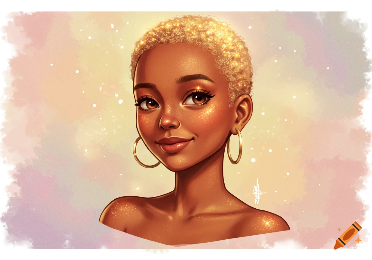 Stylized portrait of a woman with honey brown skin, short golden afro, and large hoop earrings, with sparkling details.