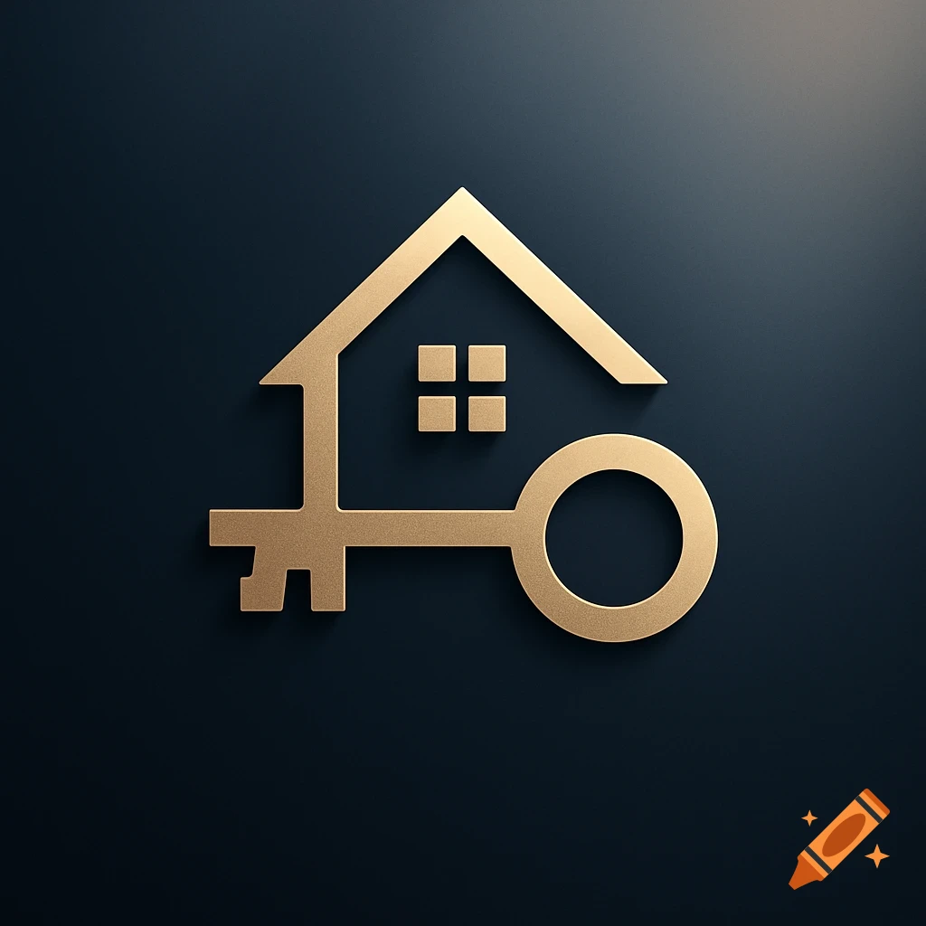 A golden logo combining a house silhouette with a key on a dark background.
