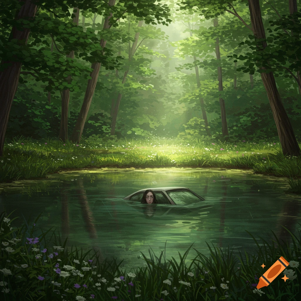 An oil painting of a woman in a submerged car in a murky forest pond, with a fearful expression.