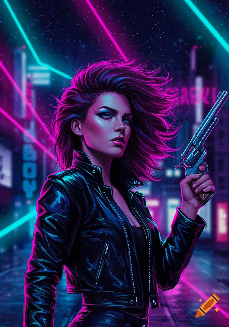 A woman in a leather jacket holds a gun in a vibrant neon-lit cyberpunk city, in an 80s synthwave style.