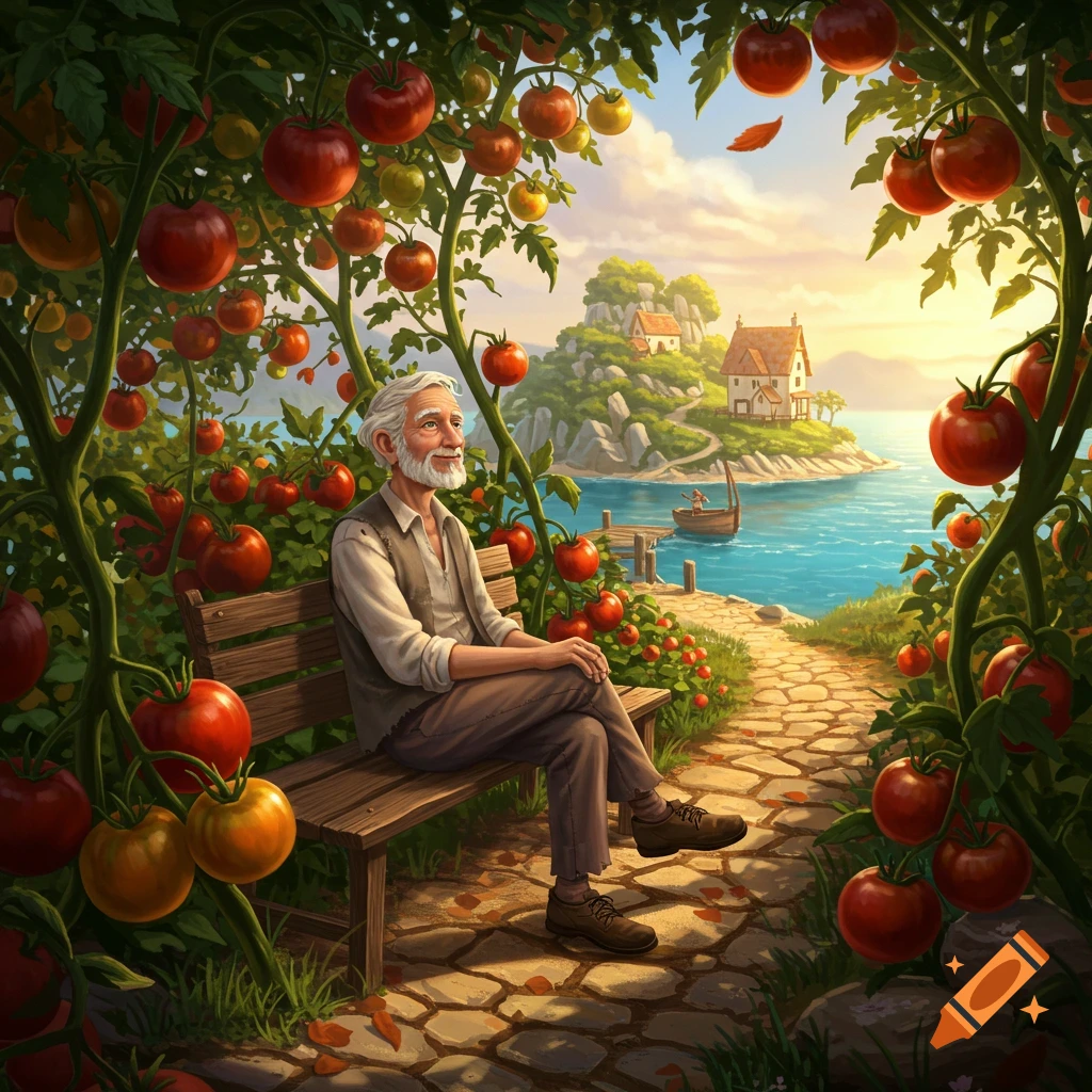 An old man sits on a bench under large tomato plants, gazing at a bay with an island house and boat in the distance.