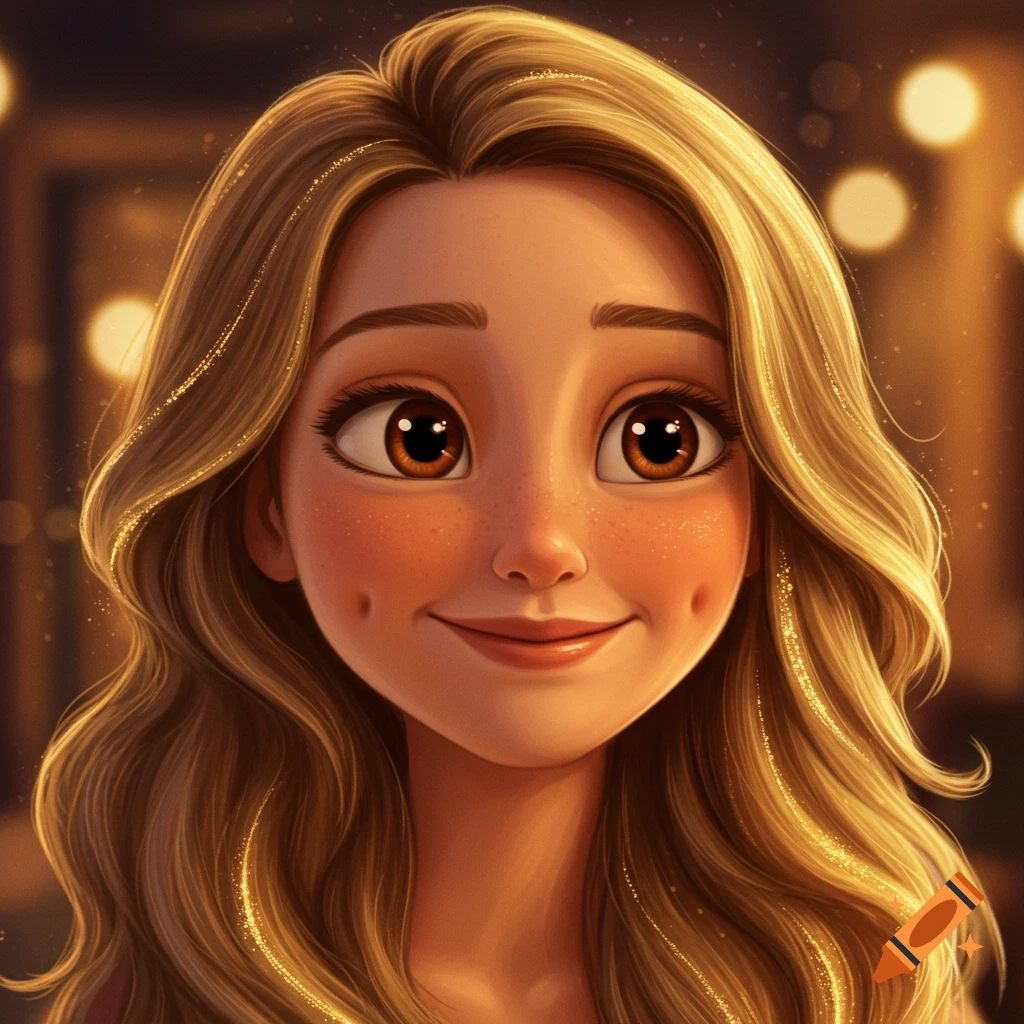 Close-up illustration of a woman with long, wavy honey blonde hair, dimples, and brown eyes, in Pixar animation style.