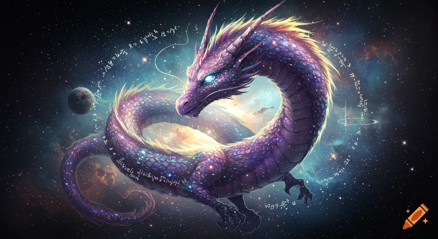A vibrant purple cosmic dragon, made of stardust and nebulae, coils through space surrounded by glowing mathematical equations.