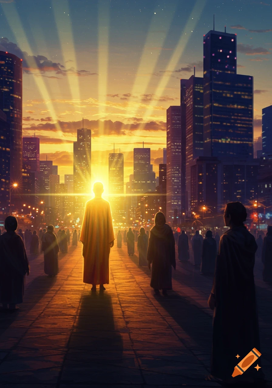 A glowing figure stands in the center of a city street at sunset, surrounded by a crowd, with bright light rays emanating from them and illuminating the skyscrapers.