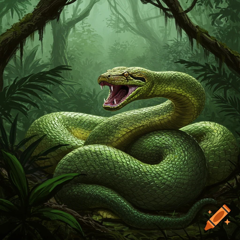 An angry green anaconda with its mouth open, coiled in a dense jungle.
